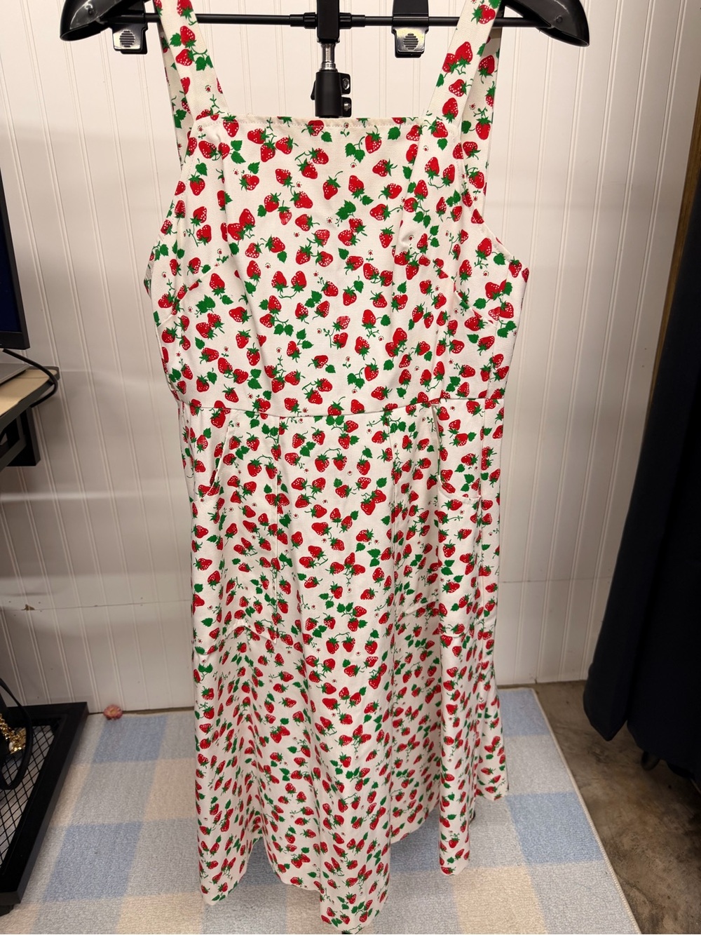 White Strawberry Print Midi Dress Cover/ Apron